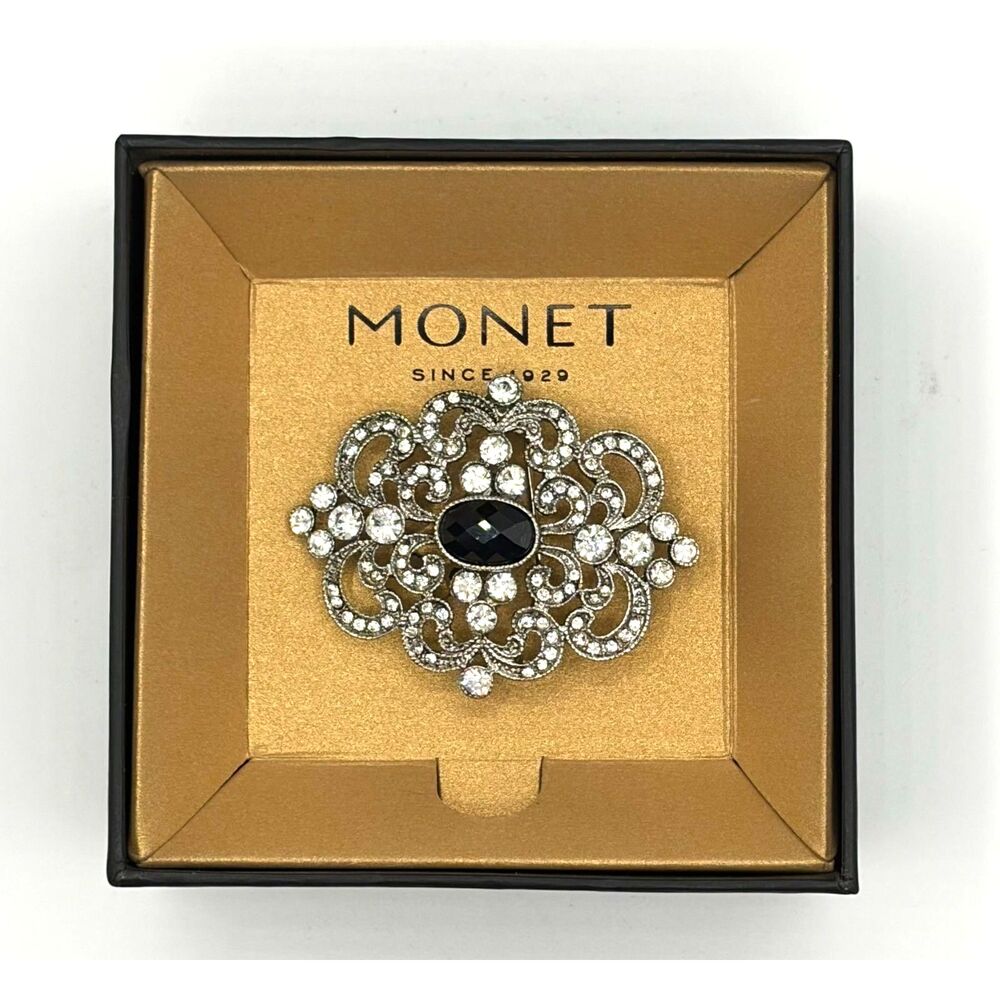 NWOT Vintage Monet Brooch Silvertone Filigree Rhinestone